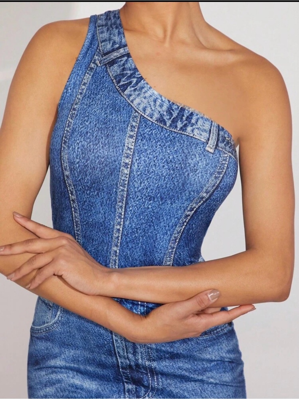 One-Shoulder Blue Denim Midi Dress - Picture 3 of 7
